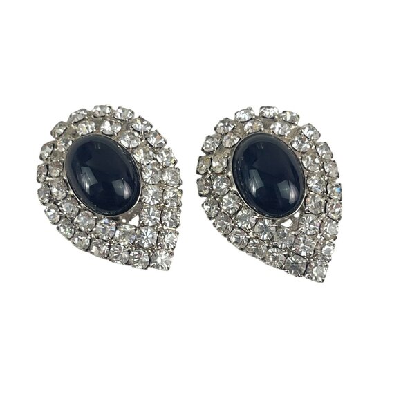 Pear-Shaped Rhinestone & Black Stone Clip-On Earrings Party Wedding Glam Jewelry - Picture 6 of 7